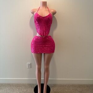 Hot Pink Lace Halter Mini Dress